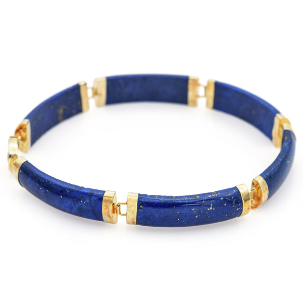 Vintage 14K Yellow Gold Lapis Lazuli 福 Blessed Link Bracelet