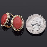 Vintage 18K Yellow Gold Red Coral Oval Cabochon Latch-Back Earrings
