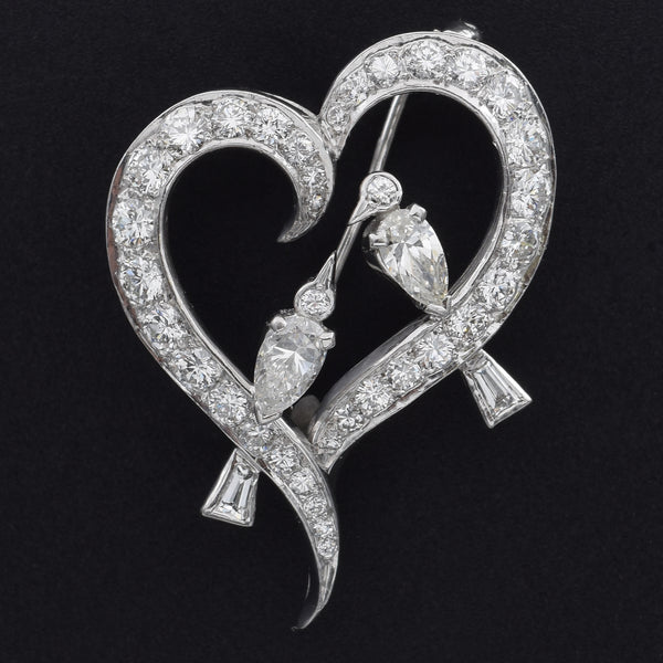 Vintage Platinum 2.33 TCW Diamond Love Birds Heart Brooch Pin Pendant
