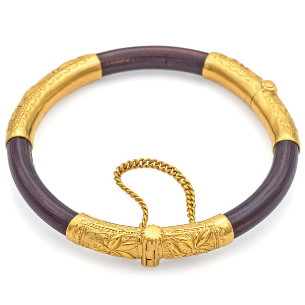 Vintage Rattan Wood 足金 22K Yellow Gold Bangle Bracelet 6.75 Inches