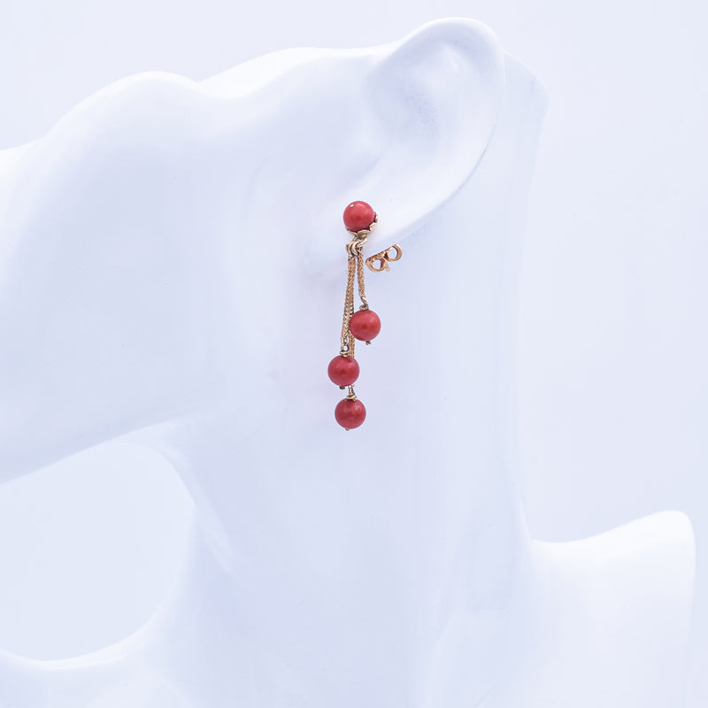 Estate 14K Yellow Gold Red Coral & Diamond Beaded Bracelet, Ring & Earrings Set