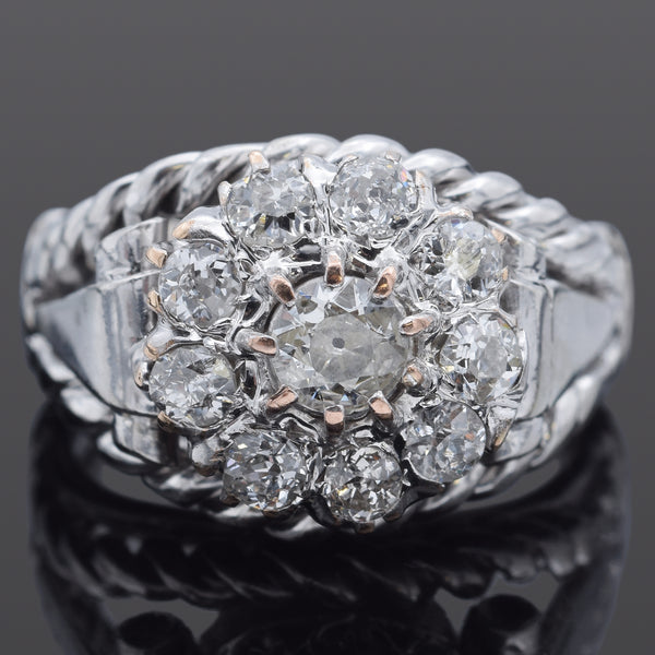 Antique 0.94 TCW Old Mine Cut Diamond 15K White Gold Band Ring Size 4.5