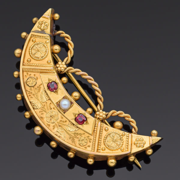 Antique Victorian Etruscan Tourmaline & Pearl 16K Gold Crescent Moon Brooch Pin