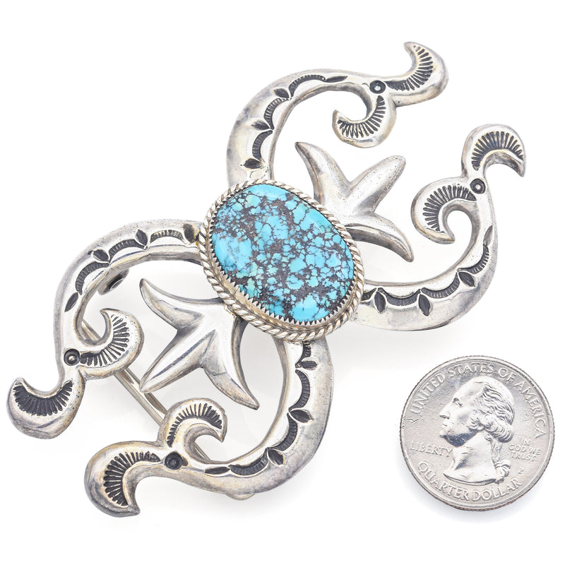 Vintage Wilson Begay Navajo Sterling Silver Spider WebTurquoise Belt Buckle
