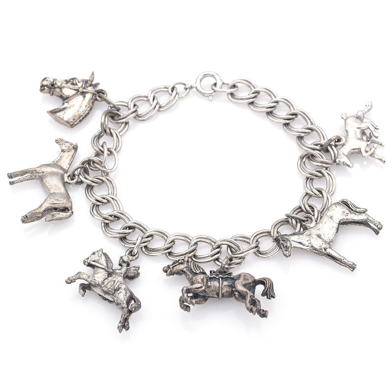 Vintage Sterling Silver Horse Equestrian Charm Bracelet 35.2 Grams