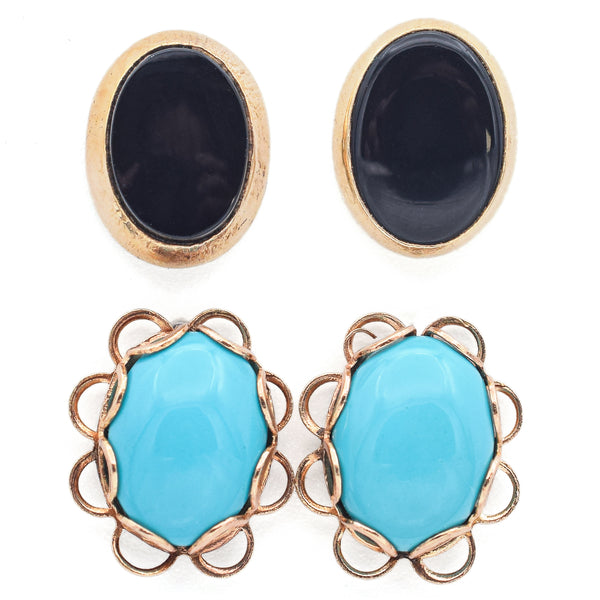 Lot of 2 Pairs 14K Yellow Gold Onyx & Turquoise Stud Earrings