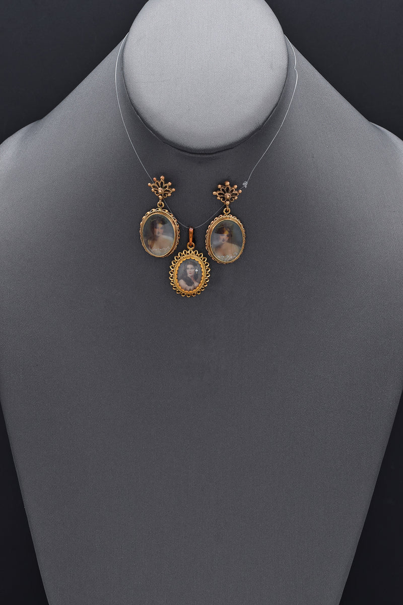 Antique 14K Yellow Gold Oval Portrait Pendant & Earrings Set