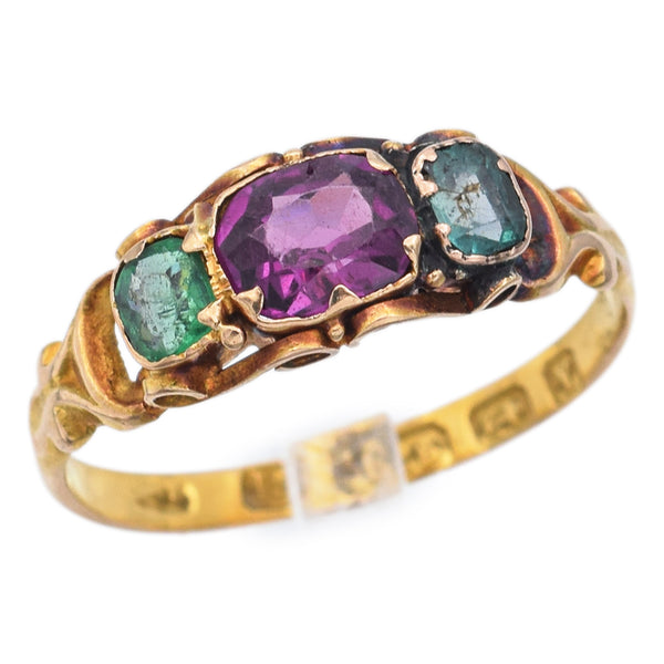 Antique 15K Yellow Gold Emerald & Amethyst Band Ring Size 5.5