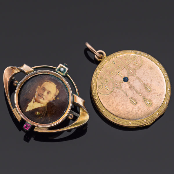 Lot of 2 Antique Gold Filled Blue & Pink Paste Locket Pendant & Brooch Pin