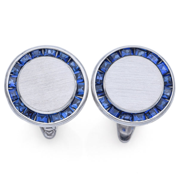 Vintage Lucien Piccard Palladium Sapphire Round Cufflinks 21 mm