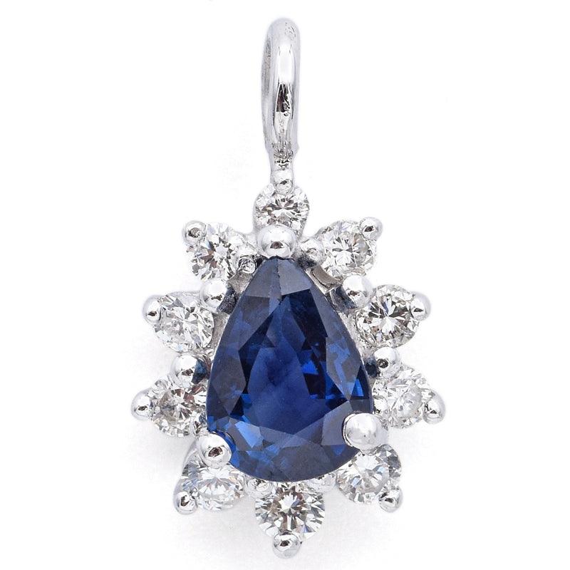 Vintage 14K White Gold Sapphire & 0.25 TCW Diamond Pear Pendant 16.5 x 9.5 mm