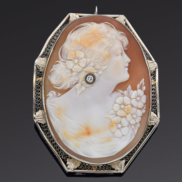 Antique Cameo Shell & Diamond 14K White Gold Oval Brooch Pin Pendant