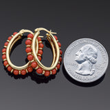 Vintage 18K Yellow Gold Red Coral Oval Hoop Dangle Earrings 25 x 22 mm