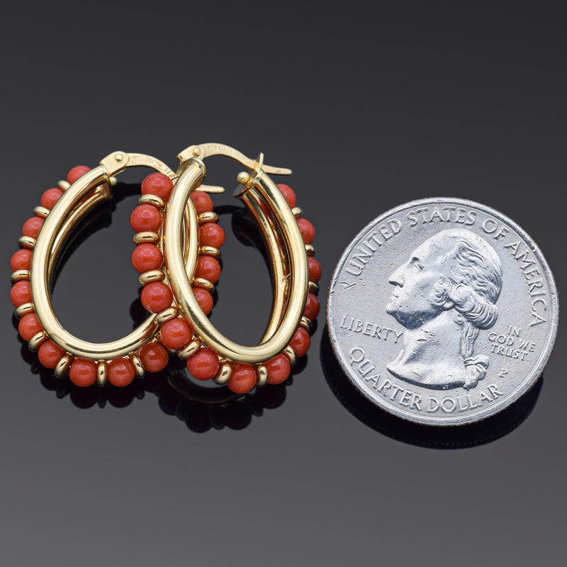 Vintage 18K Yellow Gold Red Coral Oval Hoop Dangle Earrings 25 x 22 mm