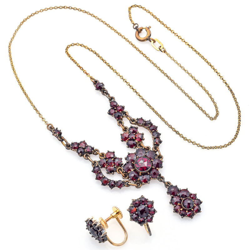 Antique Garnet 10K Yellow Gold Dangle Earrings & Gold Filled Necklace Set