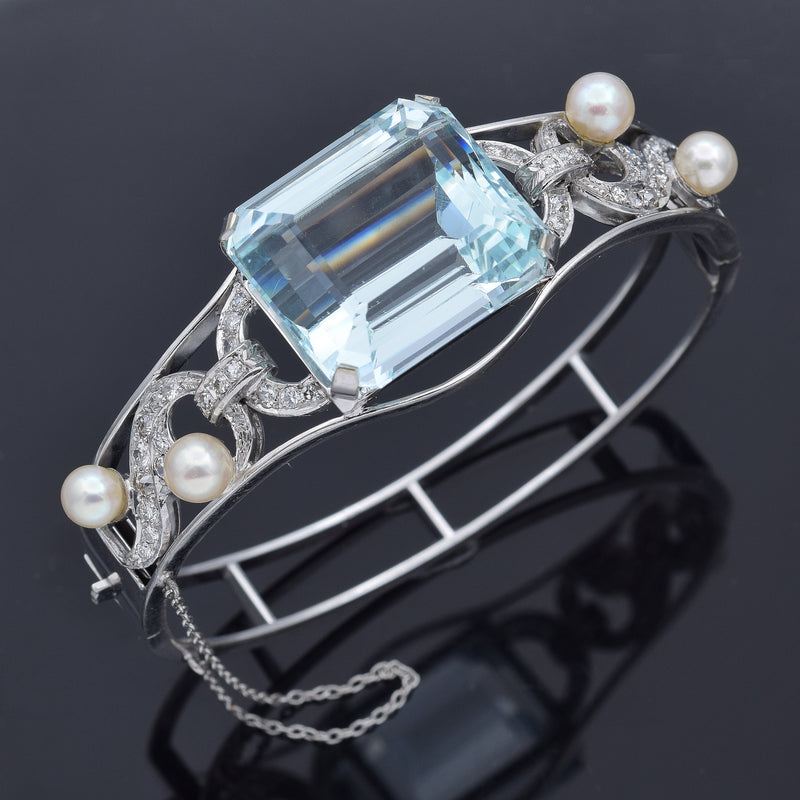 Vintage 14K White Gold 43.70 Ct Aquamarine, Pearl & 1.02 TCW Diamond Bracelet