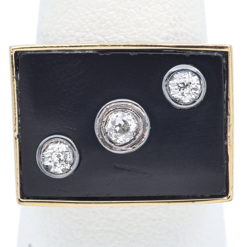 Antique 14K Yellow Gold Black Onyx & Old Euro Diamond Rectangle Signet Ring