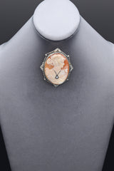 Antique 14K White Gold Cameo Shell & Diamond Oval Brooch Pin Pendant