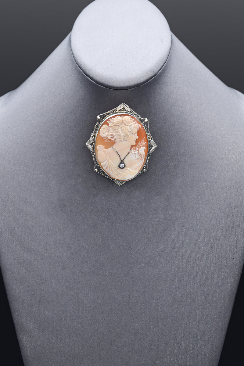 Antique 14K White Gold Cameo Shell & Diamond Oval Brooch Pin Pendant