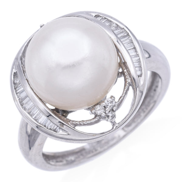 Vintage 14K White Gold Pearl & Diamond Cocktail Ring Size 4.75