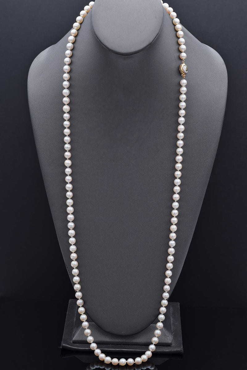 Vintage 14K Yellow Gold 7-7.5 mm Pearl & Diamond Beaded Strand Necklace 36"