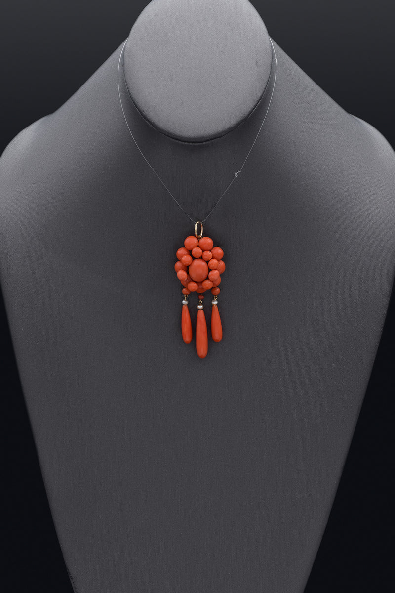 Vintage 14K Yellow Gold Red Coral & Pearl Cluster Pendant