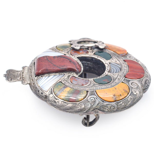 Antique Victorian Multi-Stone Silver Scottish Garter Brooch Pin