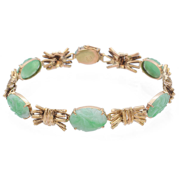 Vintage 14K Yellow Gold Green Jade Carved Oval Cabochon Link Bracelet
