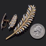 Vintage J Roca 18K Yellow Gold 0.68TCW Diamond Feather Brooch Pin & Earrings Set