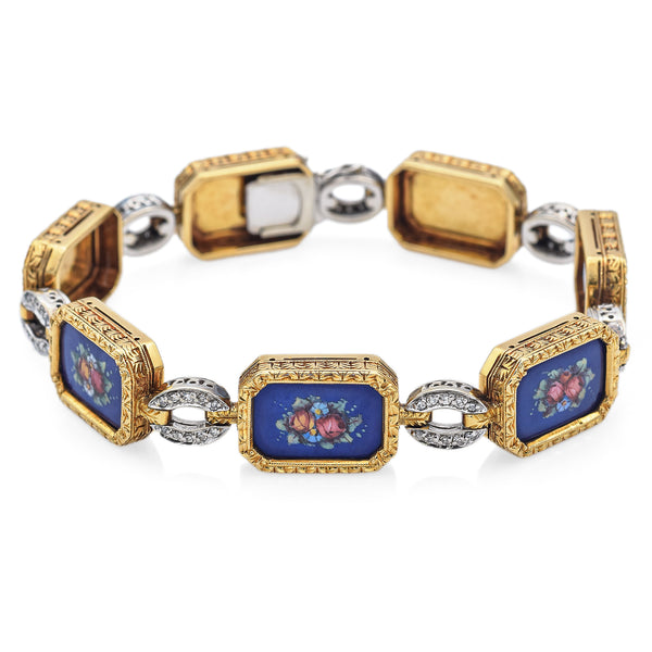 Antique 18K Multi-Tone Gold Diamond & Floral Enamel Rectangular Link Bracelet
