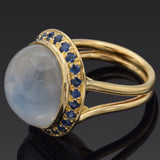 Vintage 18K Yellow Gold 18.60 Ct Moonstone & Sapphire Cocktail Ring Size 5.5