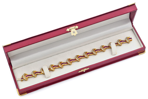 Estate 18K Yellow Gold Ruby & 2.08 TCW Diamond Tennis Bracelet + Box
