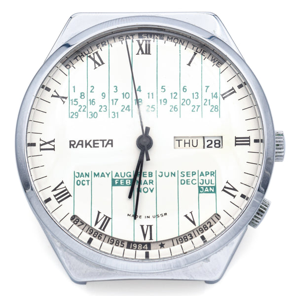 Vintage RAKETA USSR Russian Steel Perpetual Calendar Hand Wind Men's Watch Paper