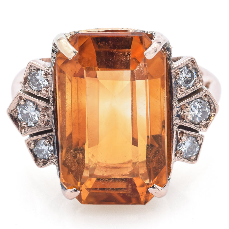 Antique 10K Yellow Gold 7.16 Ct Citrine & Diamond Cocktail Ring Size 3.25