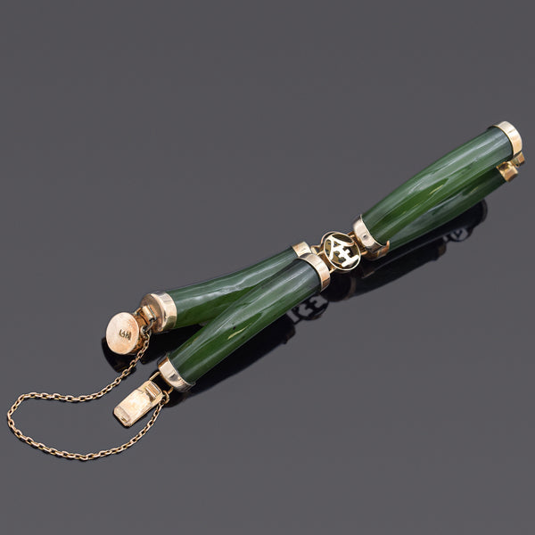 Vintage 14K Yellow Gold Green Jade 福 Blessed Barrel Link Bracelet 6.5 Inches