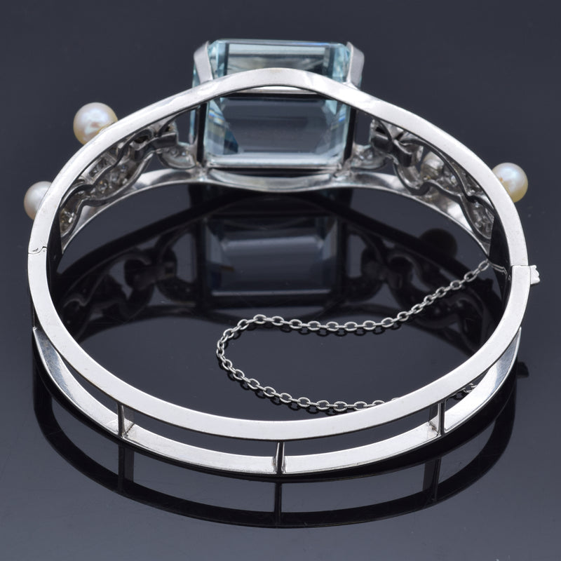 Vintage 14K White Gold 43.70 Ct Aquamarine, Pearl & 1.02 TCW Diamond Bracelet
