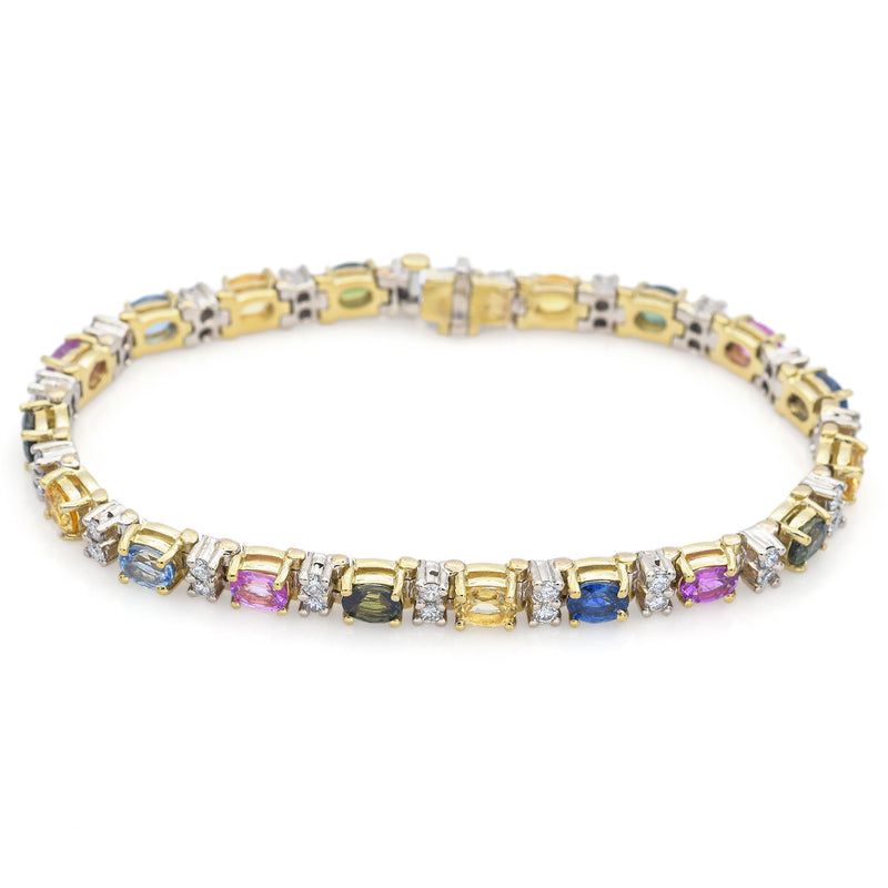 Estate 14K Yellow Gold Rainbow Sapphire & 1.14 TCW Diamond Tennis Bracelet