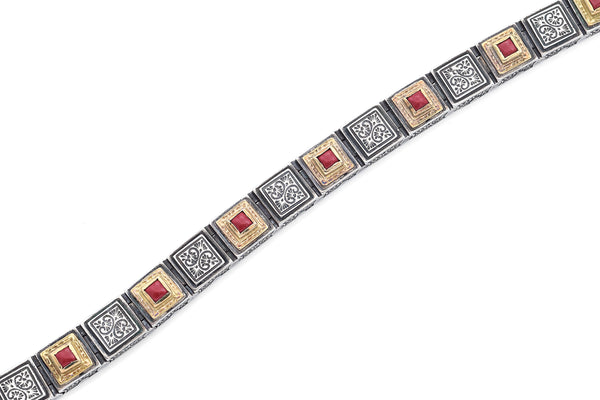 Konstantino Sterling Silver & 18K Yellow Gold Red Coral Square Link Bracelet
