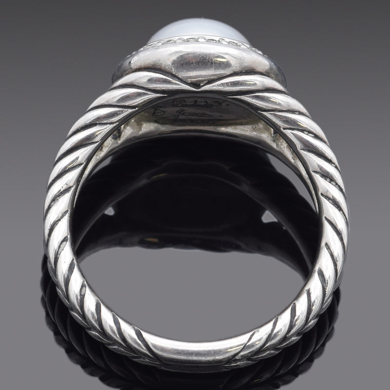 David Yurman Sterling Silver Pearl & Diamond Cable Ring Size