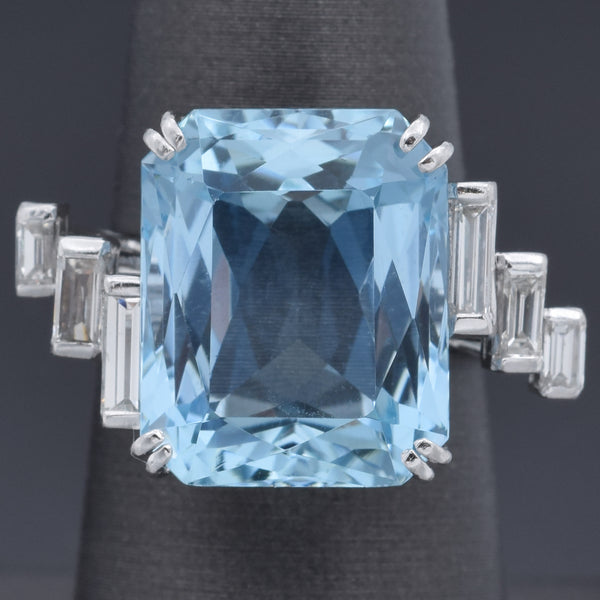 Estate 12.82 TCW Aquamarine & 0.76 TCW Diamond Platinum Ring Size 6.5