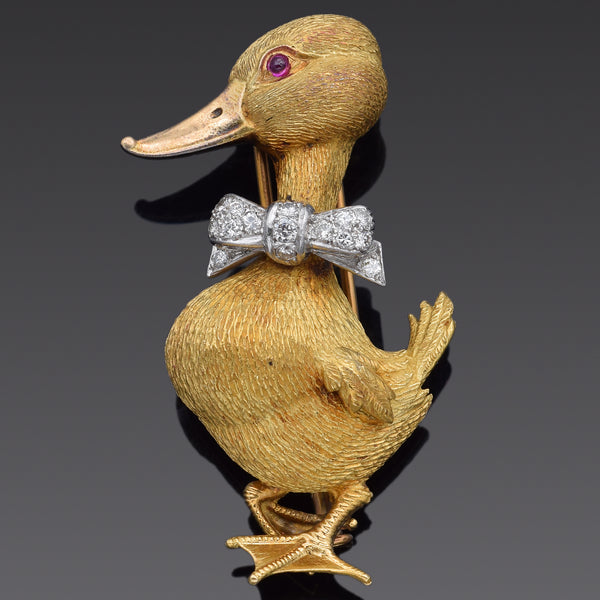 Tiffany & Co. 18K Gold 0.35 TCW Diamond & Ruby Duck with Platinum Bow Brooch Pin