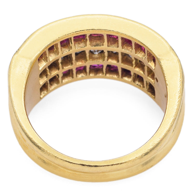 Estate 18K Yellow Gold Princess Cut Ruby & 0.90TCW Diamond 3 Row Band Ring Size 4.75