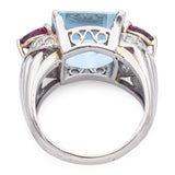 Vintage 18K White Gold 10.29 Ct Aquamarine, 1.40 TCW Ruby, 0.35 TCW Diamond Ring