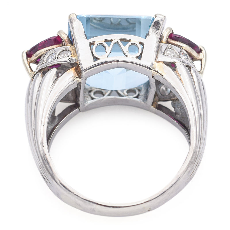 Vintage 18K White Gold 10.29 Ct Aquamarine, 1.40 TCW Ruby, 0.35 TCW Diamond Ring