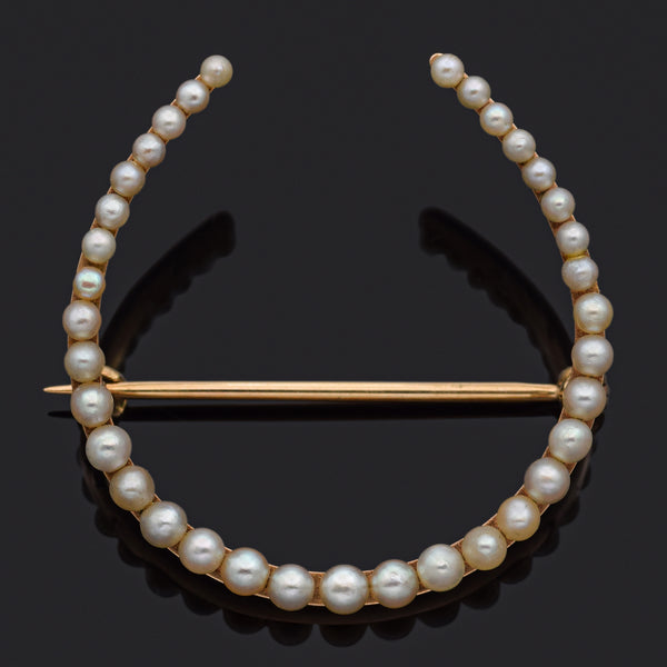Antique 14K Yellow Gold Pearl Horseshoe Brooch Pin