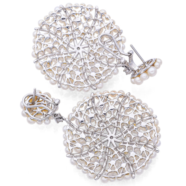 Estate 18K White Gold Pearl & 1.06 TCW Diamond Swirl Omega-Back Dangle Earrings