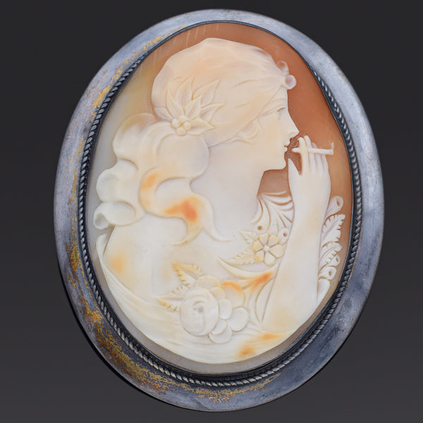 Antique Lady Smoking Cameo Shell Large Brooch Pin Pendant