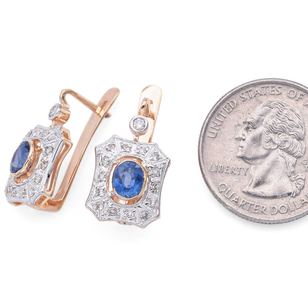 Vintage 14K Rose Gold 1.40TCW Sapphire & 0.18 TCW Diamond Latch-Back Earrings