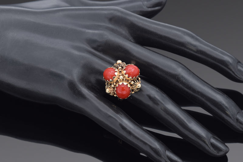 Vintage 14K Yellow Gold Red Coral Cluster Cocktail Ring Size 6.5