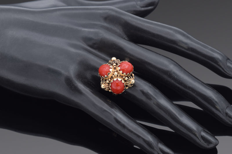 Vintage 14K Yellow Gold Red Coral Cluster Cocktail Ring Size 6.5